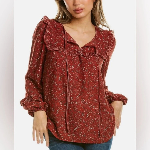 MAX STUDIO Tie Front Floral Print‎ Ruffle Blouse - Picture 1 of 10